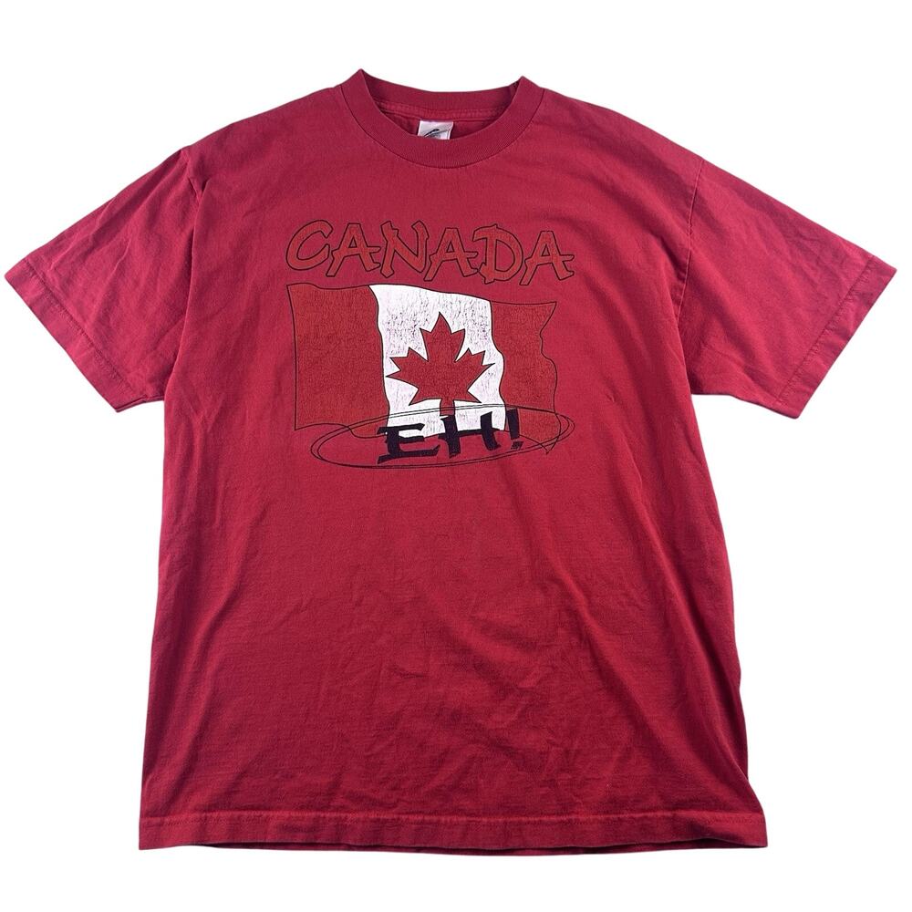 Vintage 90s Canada Flag EH! Red Short Sleeve T-Shirt Maple Y2K Size Large EUC